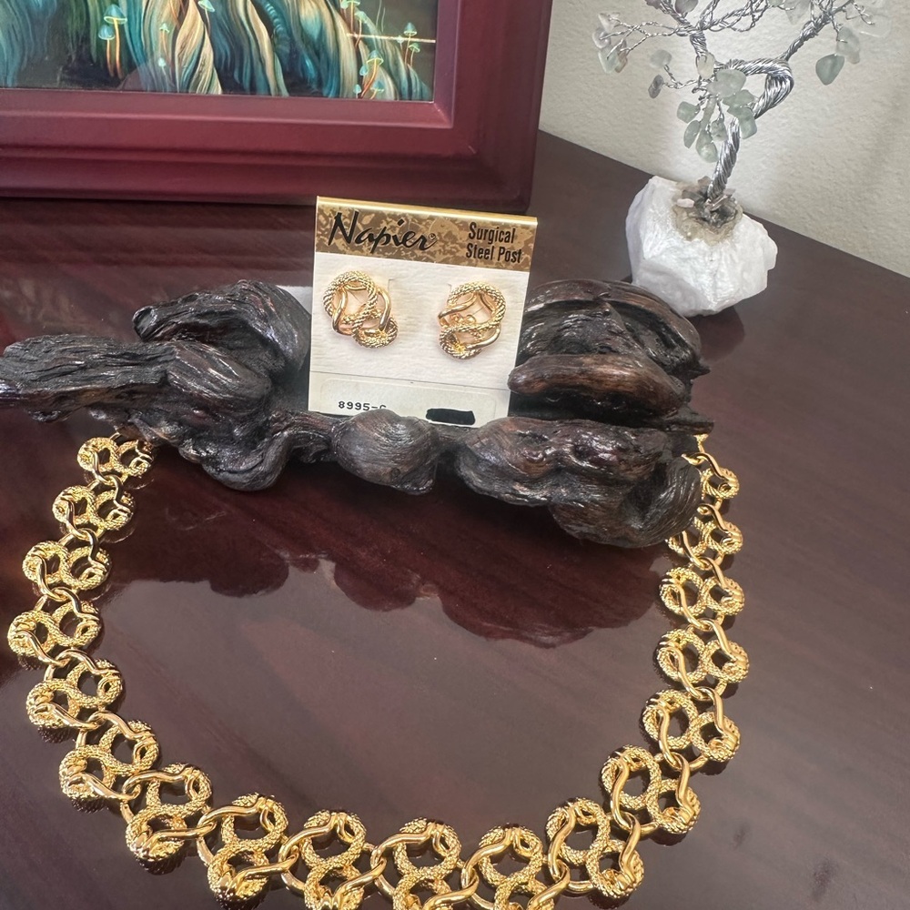 Napier Gold-plated Twisted Link Necklace with Matching Stud Earrings